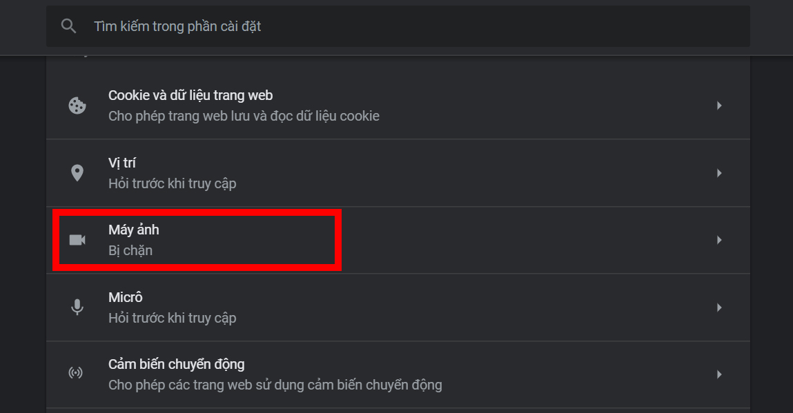 Bước 3: Trong giao diện Cài đặt trang web > Chọn Máy ảnh (Camera).