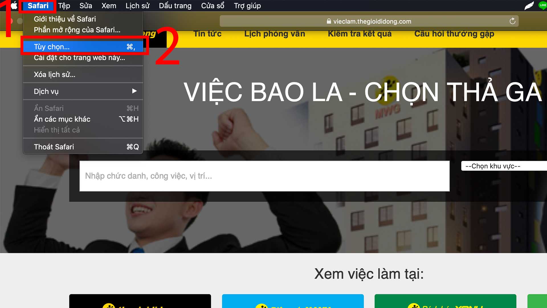 Bước 1: Chọn mục Safari ở cạnh logo Apple > Tùy chọn... (Preferences...)