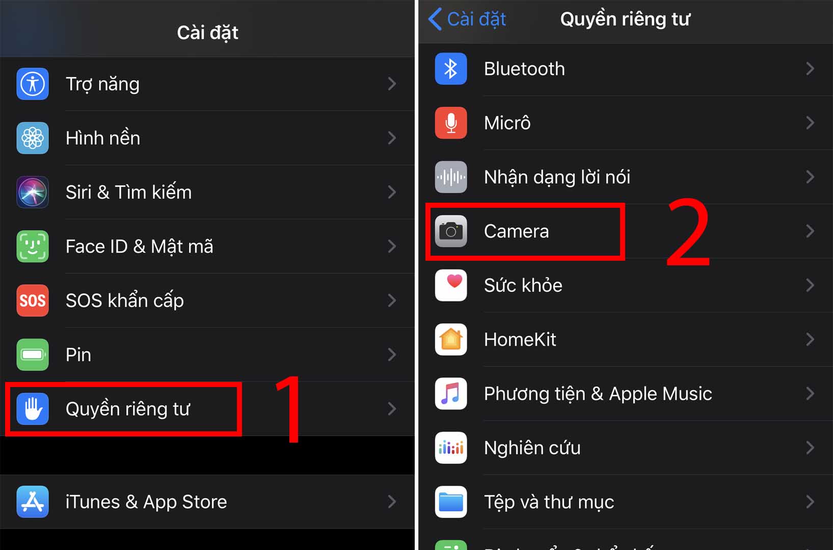 Bước 1: Tìm đến ứng dụng Cài đặt (Settings) > Quyền riêng tư (Privacy) > Camera.