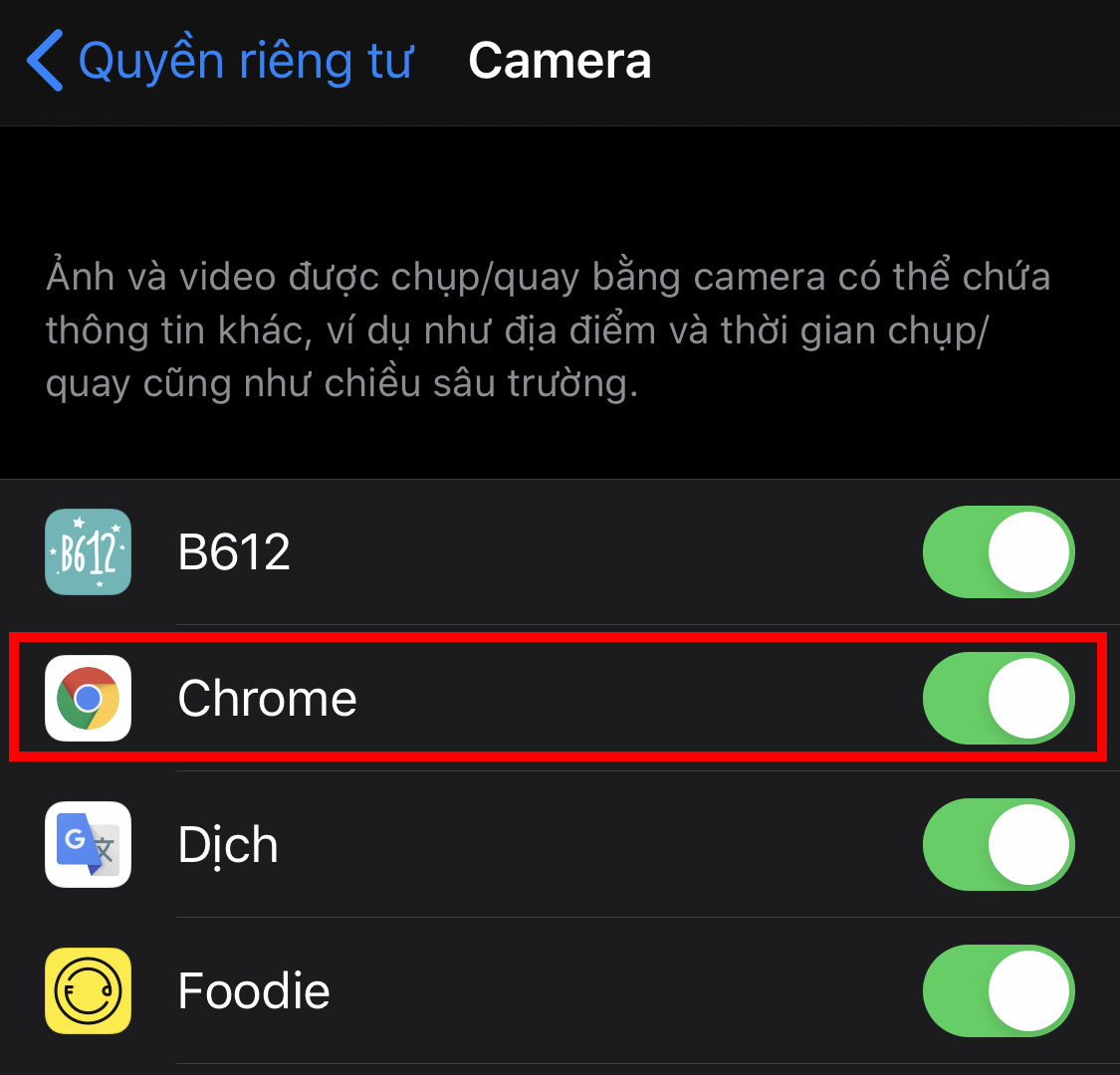 Bước 2: Trong mục Camera, tìm đến Chrome và gạt nút Công tắc để bật quyền truy cập máy ảnh cho ứng dụng này (màu xanh như hình là đã bật).