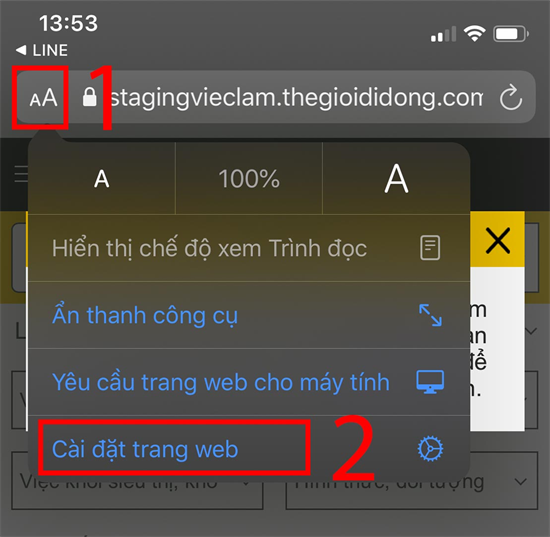 Bước 1: Bấm vào biểu tượng Chữ A nhỏ A lớn > Cài đặt trang web (Website Settings).