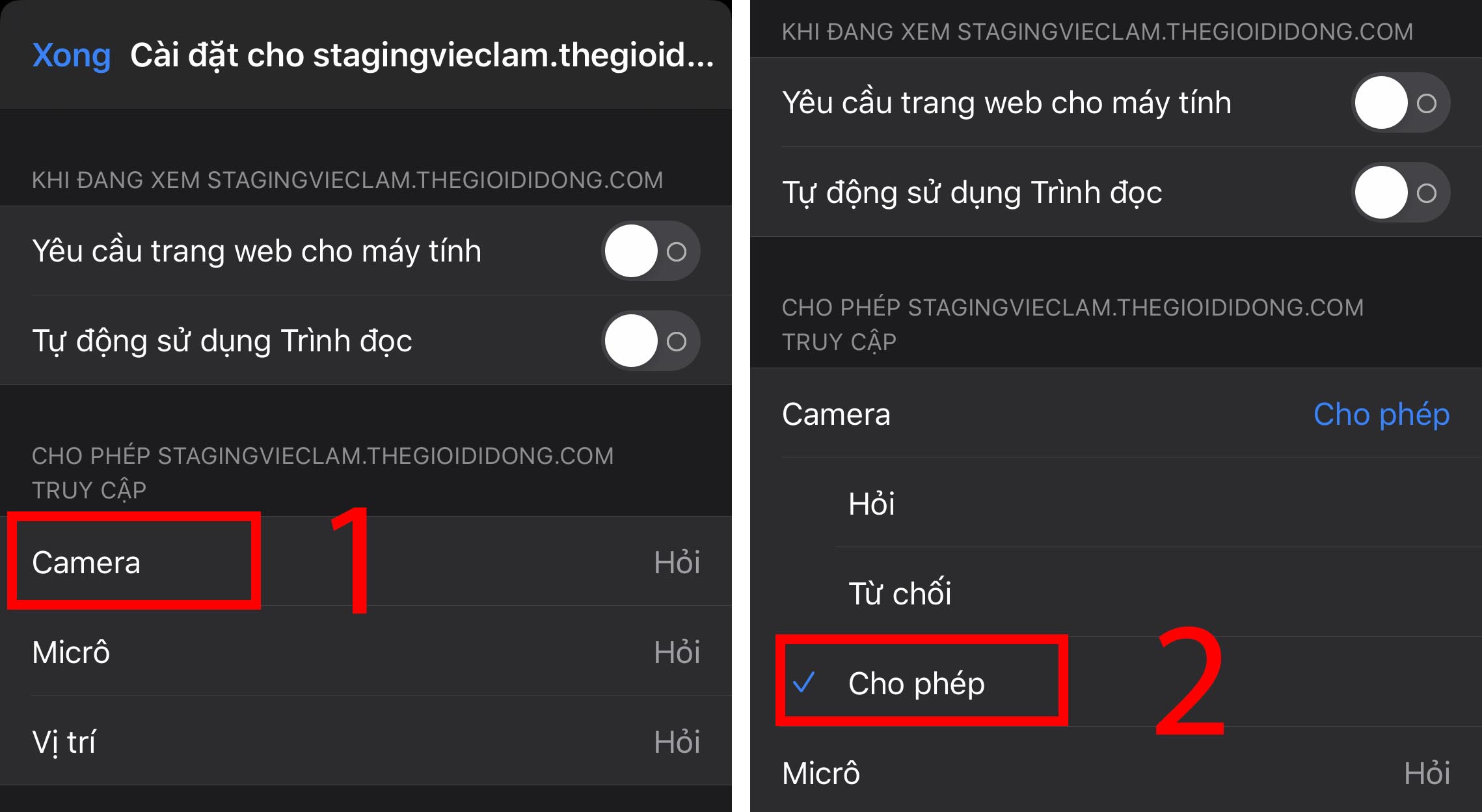 Bước 2: Chọn vào mục Camera > Chuyển từ Hỏi (Ask)/Từ chối (Deny) sang Cho phép (Allow).