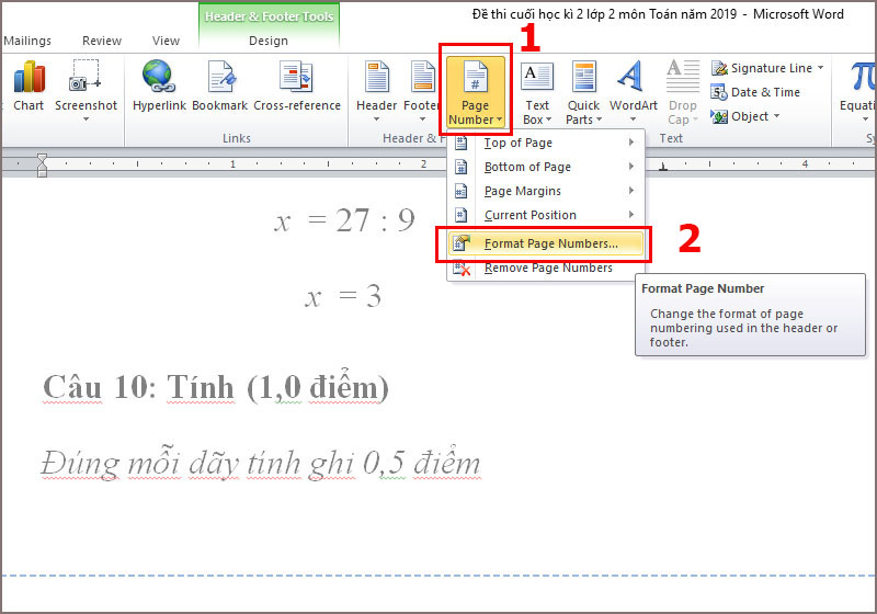 Hướng dẫn cách đổi số trang bắt đầu