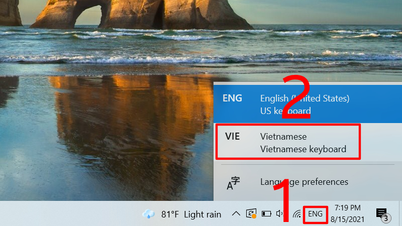 Chọn vào Vietnamese keyboard tại ô ENG ở góc phải cuối màn hình