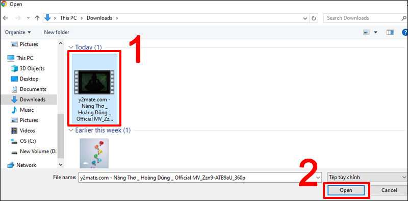Chọn video vừa tải sau đó nhấn Open