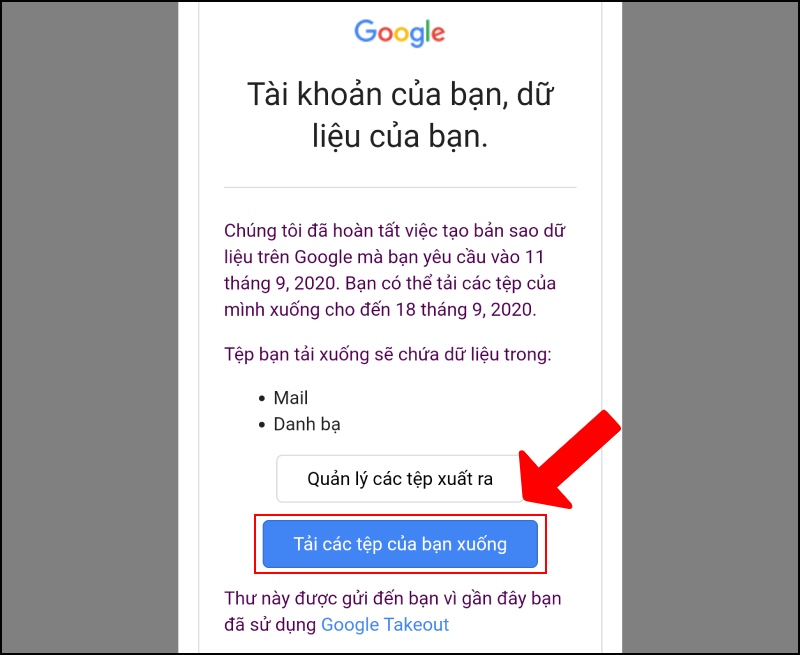 Chọn vào liên kết Tải các tệp của bạn trong thư để tải tệp về máy tính