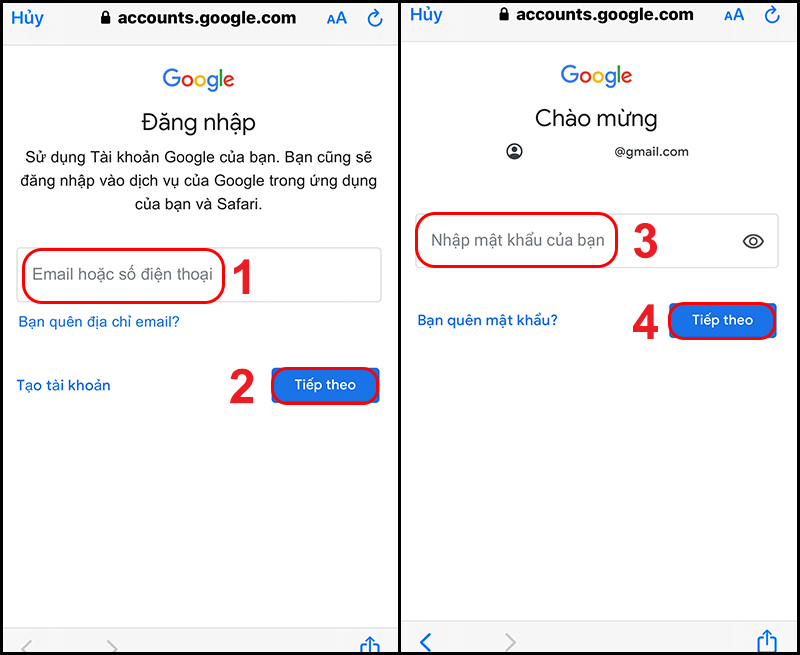 Nhập tài khoản và mật khẩu Google