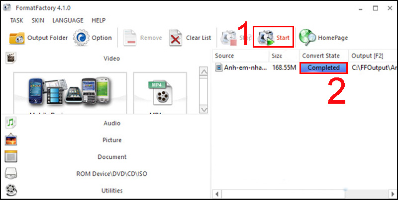 Bước 3: Cuối cùng bạn click chuột vào Click to Start để bắt đầu quá trình chuyển đổi Video sang định dạng MP4 và đợi quá trình chuyển đổi Video hoàn tất