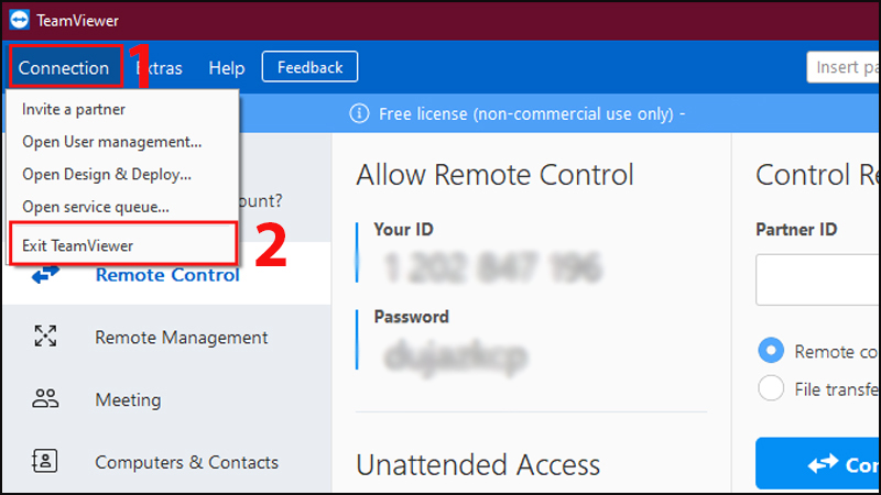 Chọn Exit TeamViewer để tắt phần mềm ngay sau khi sử dụng