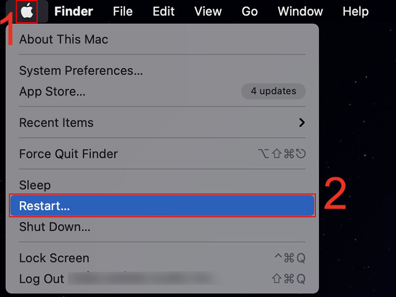 Nhấn vào biểu tượng Apple, chọn Restart