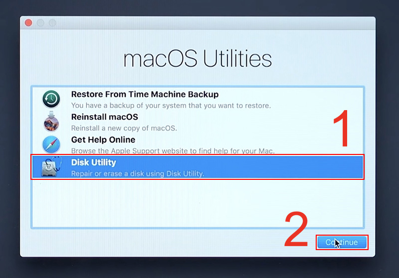 Chọn Disk Utility rồi nhấn Continue