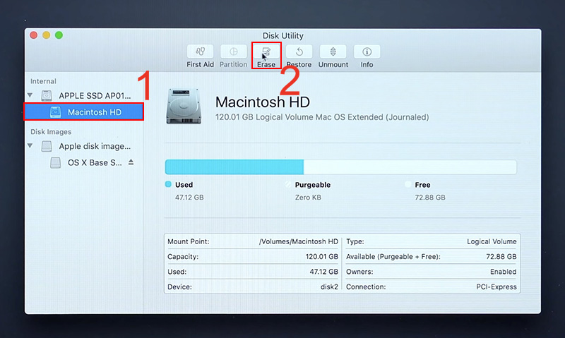 Chọn Macintosh HD rồi nhấn Erase