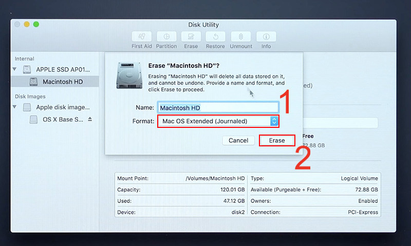 Kiểm tra định dạng format và nhấn Erase