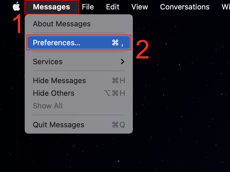 Nhấn Messages trên thanh menu rồi chọn Preferences