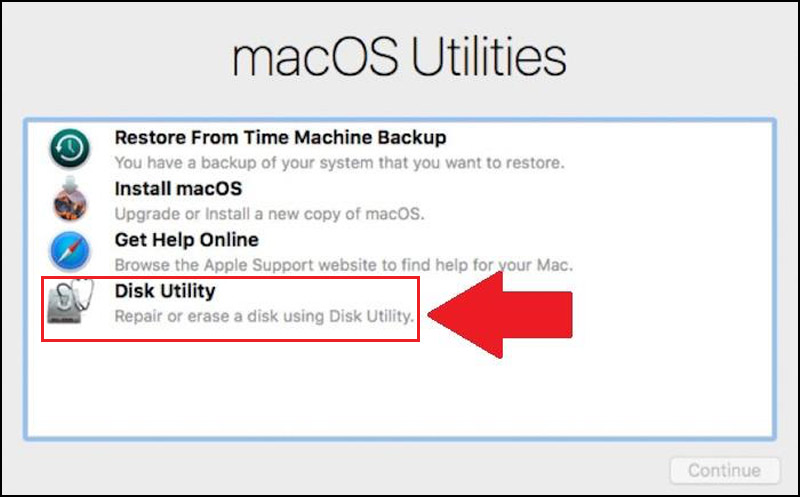 Bạn nhấn vào tuỳ chọn Disk Utility
