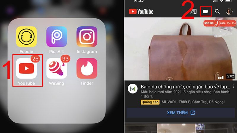 Đầu tiên bạn vào ứng dụng Youtube trên điện thoại iPhone > Truy cập vào hình máy quay ở trên cùng