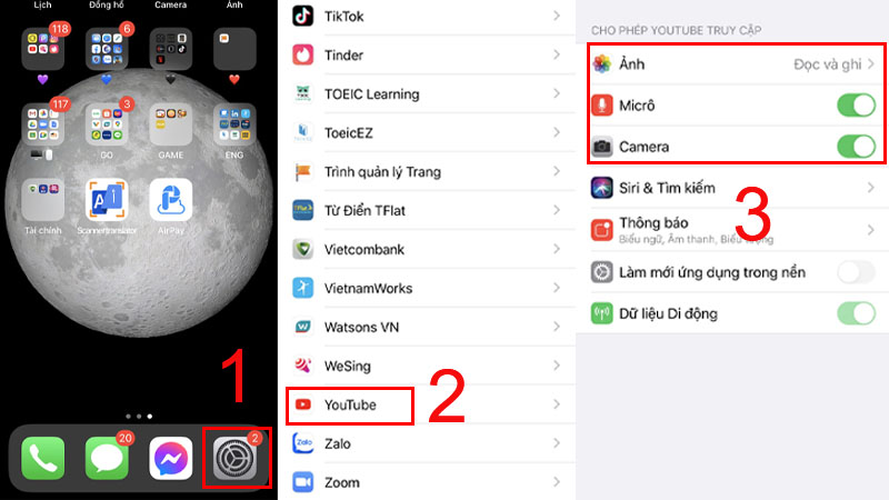 Nếu Youtube có yêu cầu xác nhận cấp quyền. Bạn mở Cài đặt (1) > Tìm và chọn ứng dụng YouTube (2) > Mở quyền Ảnh và Camera trên cài đặt iPhone (3)