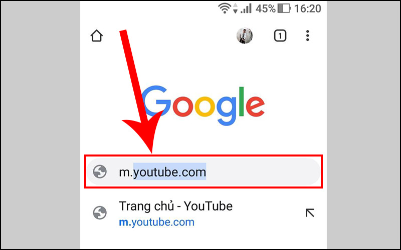 Bước 3: Nhập từ khóa “m.youtube.com” vào ô tìm kiếm Google.