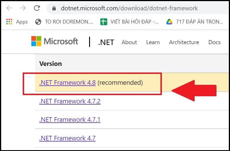 Chọn bản .NET Framework mới nhất