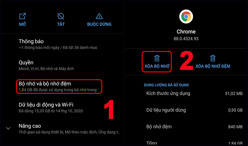 Chọn Bộ nhớ và bộ nhớ đệm