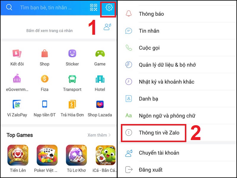 Tại trang cá nhân trên Zalo > Chọn biểu tượng Cài đặt > Chọn Thông tin về Zalo.