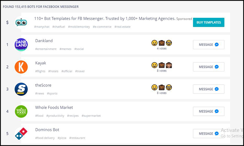 Website Chatbottle với giao diện các danh sách Chatbox đề cử cho Facebook Messenger