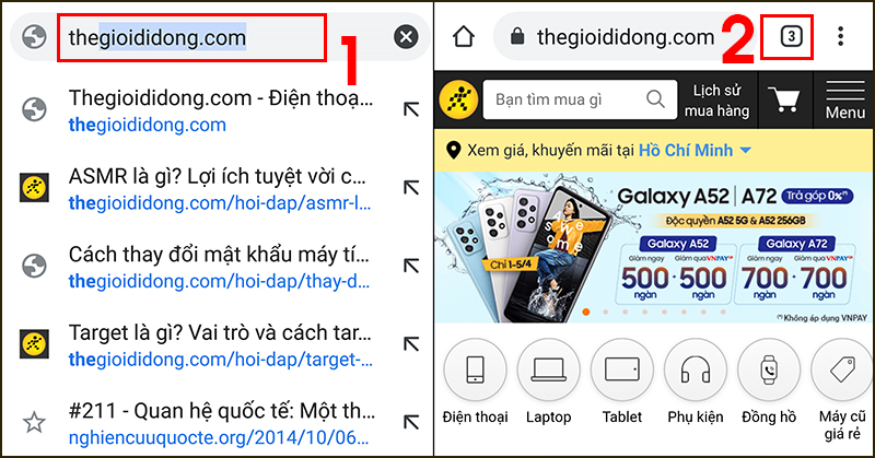 Mở các trang web bạn cần nhóm và nhấn vào biểu tượng số lượng tab mở