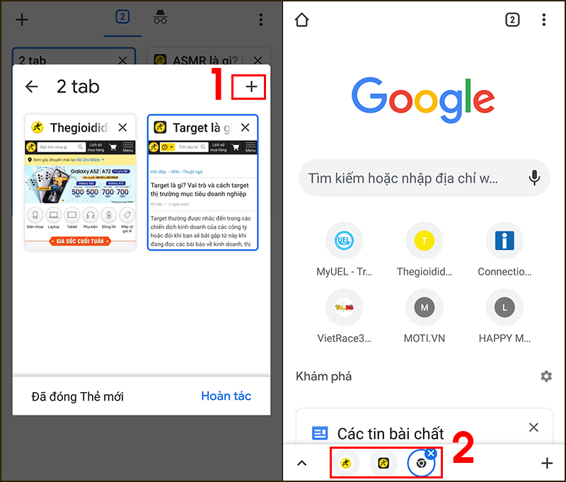 Bấm vào biểu tượng dấu + để thêm tab mới