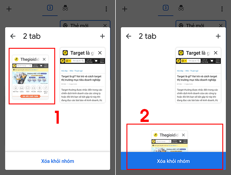 Kéo tab cần xóa đến biểu tượng Xóa khỏi nhóm để xóa tab