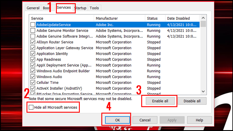 Cách bật tất cả dịch vụ Cách bật tất cả dịch vụ