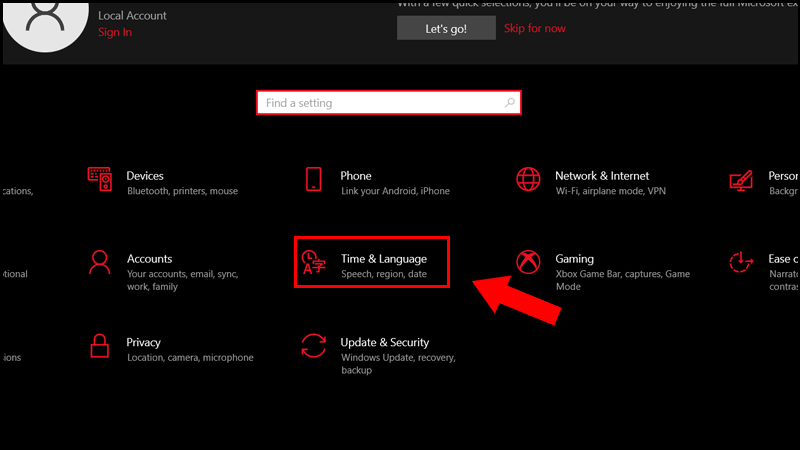 Truy cập vào Time & Language Truy cập vào Time & Language