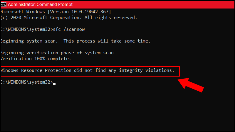 Dòng hiển thị Windows Resource Protection did not find any integrity violations Dòng hiển thị Windows Resource Protection did not find any integrity violations