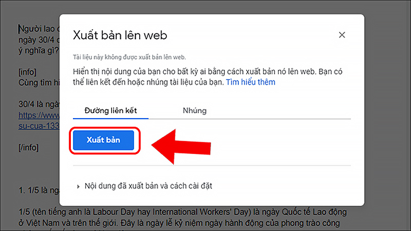 Chọn vào Xuất bản
