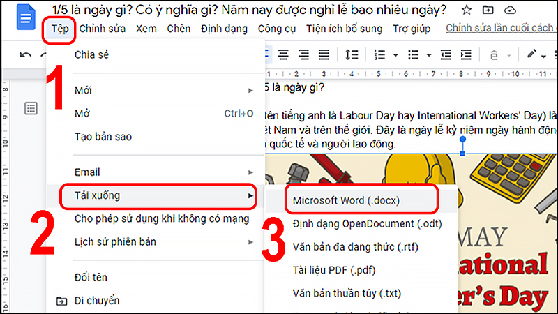 Vào mục Tệp, sau đó chọn Tải xuống, chọn Microsoft Word (.docx)