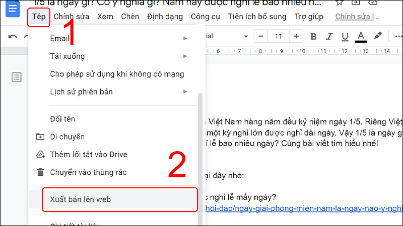 Chọn vào Tệp sau đó chọn Xuấn bản lên web