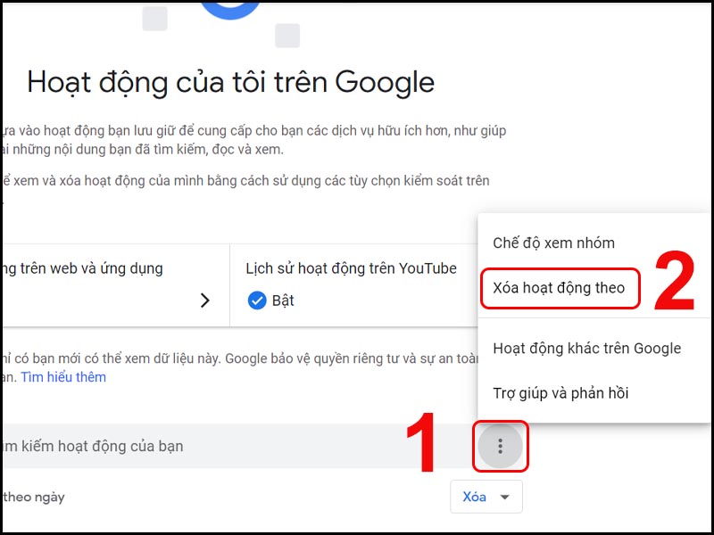 Thao tác chọn Xóa hoạt động theo tại giao diện Google Activity