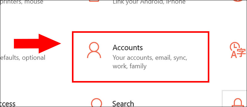 Chọn Accounts trong ứng dụng Settings