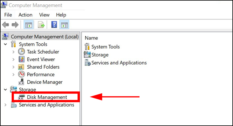 Chọn mục Disk Management