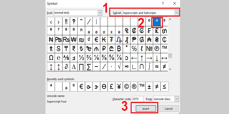 Chọn chỉ số trên hoặc chỉ số dưới