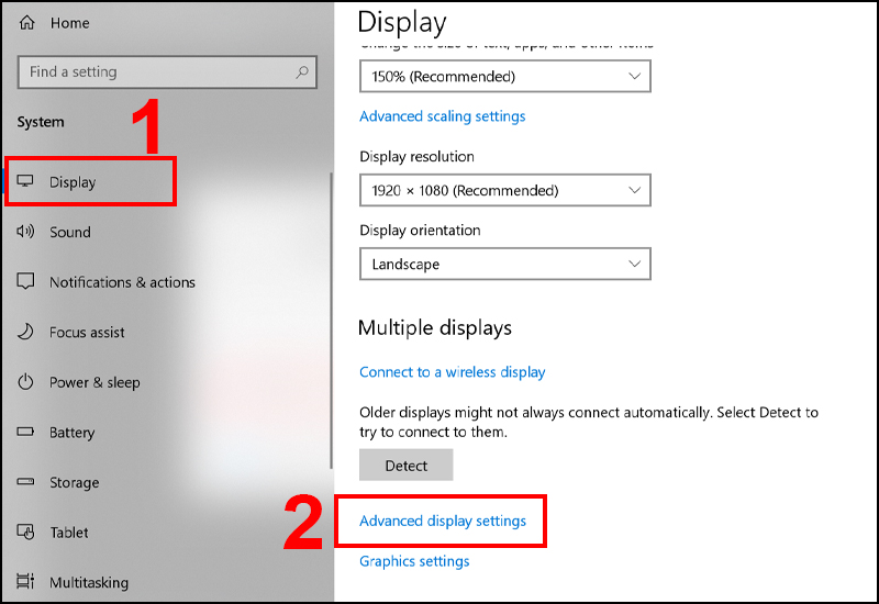 Tại mục Multiple displays, nhấn chọn Advanced display settings 