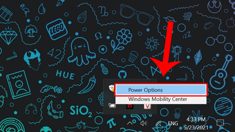 Chuột phải vào pin ở thanh Taskbar và chọn Power Option