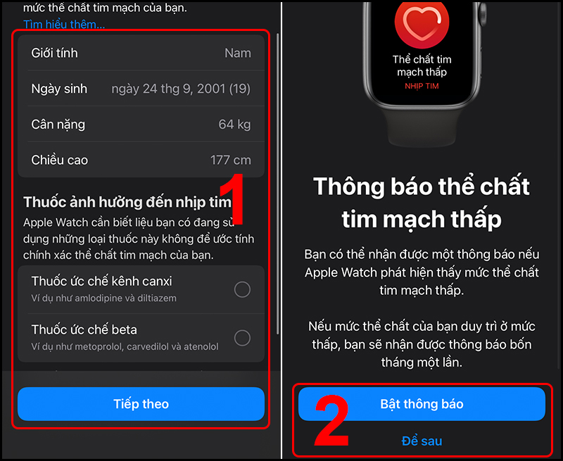 Bật thông báo để Apple Watch báo cáo thể chất tim mạch của bạn