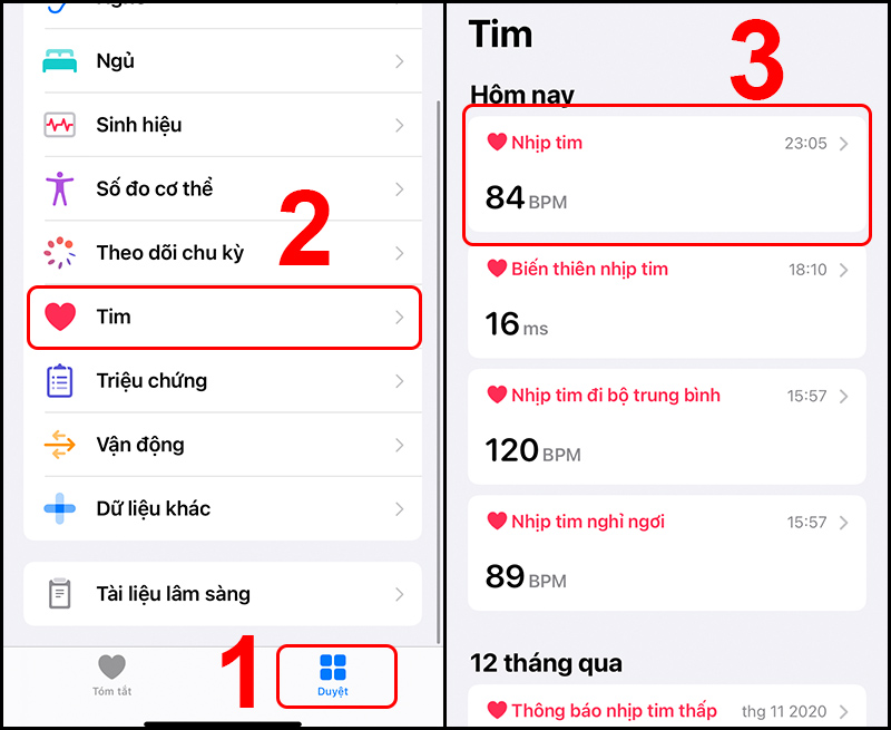 Chọn Nhịp tim để theo dõi lịch sử nhịp tim