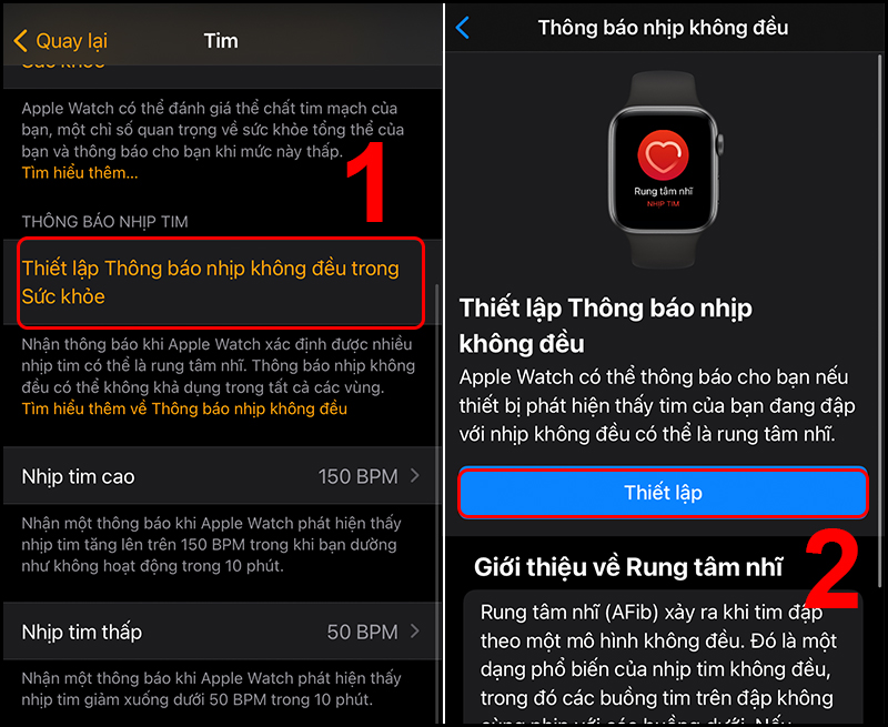 Bấm Thiết lập để bắt đầu bật thông báo nhịp tim không đều