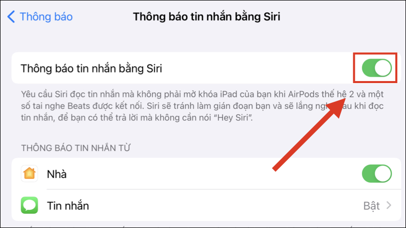 Bật tính năng Thông báo tin nhắn bằng Siri
