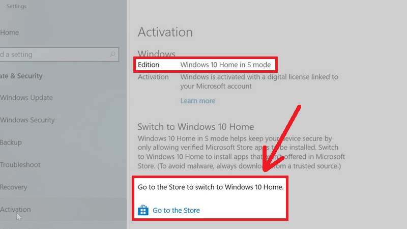 Nhấn vào Go to the Store để cài Windows 10 Home hoặc Windows 10 Pro