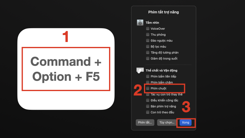 Nhấn tổ hợp phím Command + Option + F5 để truy cập Phím tắt trợ năng