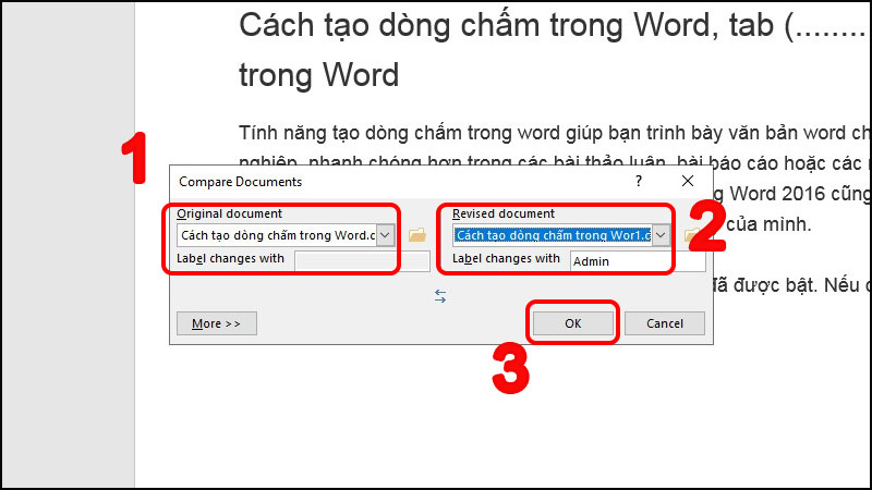 Tùy chọn trong Hộp thoại Compare Documents