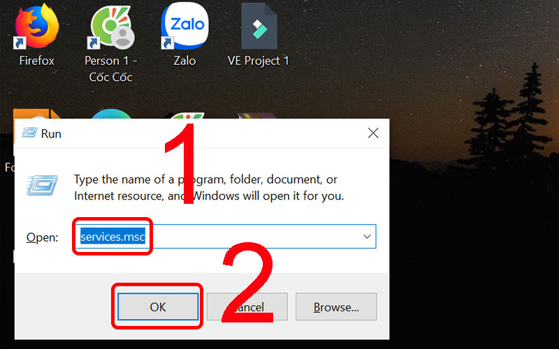 Tiến hành gõ services.msc rồi nhấn OK