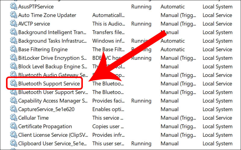 Nhấn đúp chuột vào Bluetooth Support Service